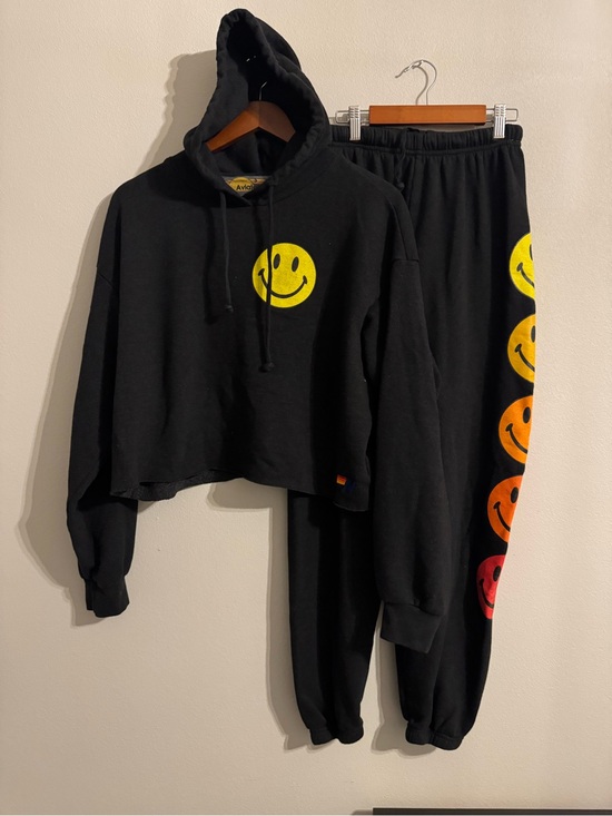 Aviator Nation Tops - Aviator Nation Black Smiley Face Cropped Hoodie & Sweatpants Set